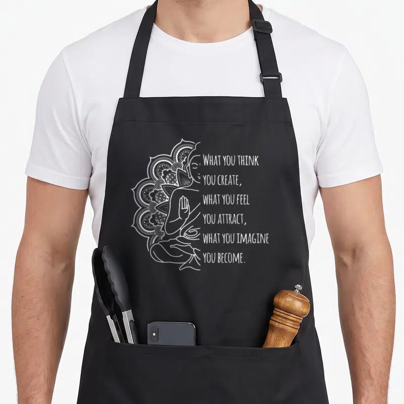 Attraction law apron - White line art of meditating person with mandala and six lines of stacked text — shown on a black cotton canvas apron against a white background
