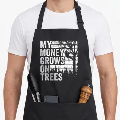 Arborist surgeon apron - Stacked white text reading My Money Grows On Trees over a distressed tree and forest graphic — shown on a black cotton canvas apron against a white background