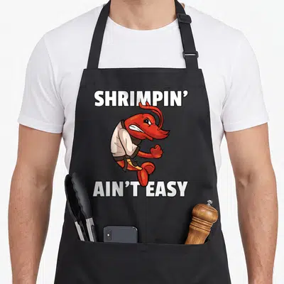 Shrimpin easy apron - Cartoon red shrimp in a white gi with black belt between white text lines — shown on a black cotton canvas apron against a white background