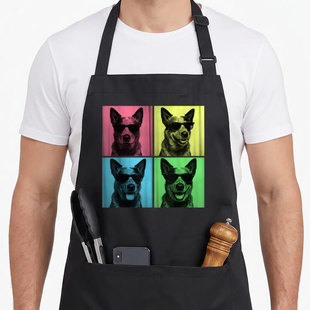 Booth dog apron - Four dog portraits in sunglasses on pink, yellow, blue, and green backgrounds — shown on a black cotton canvas apron against a white background