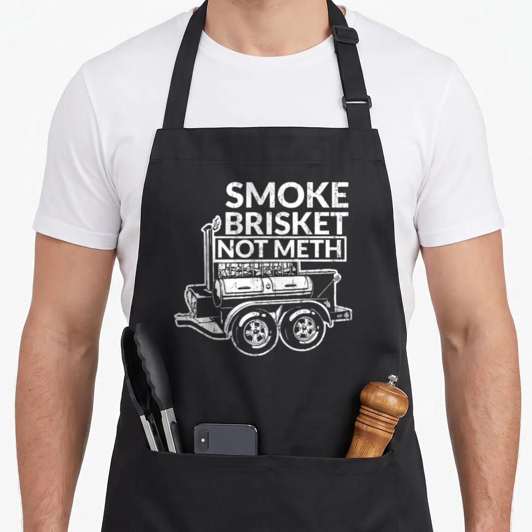 Smoke meat smoking apron - White distressed text SMOKE BRISKET NOT METH above a line drawing of a trailer smoker — shown on a black cotton canvas apron against a white background