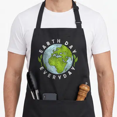 Vintage earth everyday apron - Cartoon Earth with EARTH DAY EVERYDAY text and two green leaves in blue and green — shown on a black cotton canvas apron against a white background