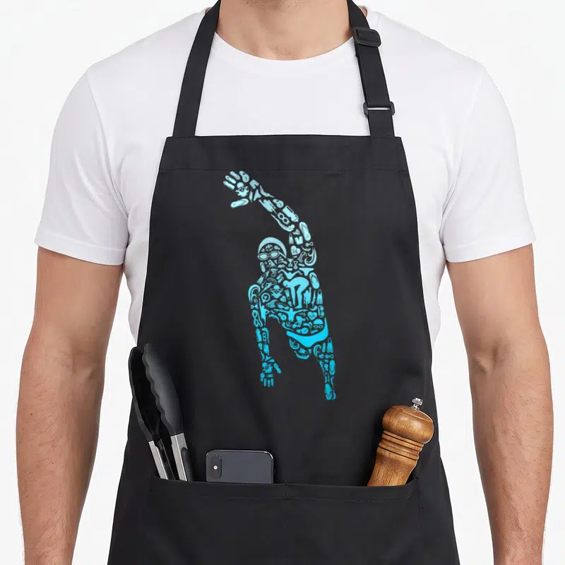 Competitive swimming apron - Diver silhouette formed from small aquatic icons in light and bright blue line art — shown on a black cotton canvas apron against a white background