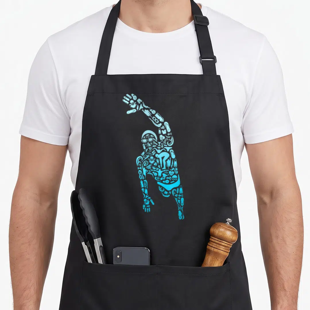 Competitive swimming apron - Diver silhouette formed from small aquatic icons in light and bright blue line art — shown on a black cotton canvas apron against a white background