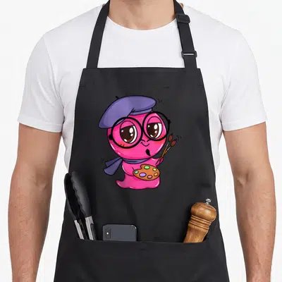 Sam painter apron - Pink cartoon creature wearing glasses and beret holding palette and two paintbrushes — shown on a black cotton canvas apron against a white background
