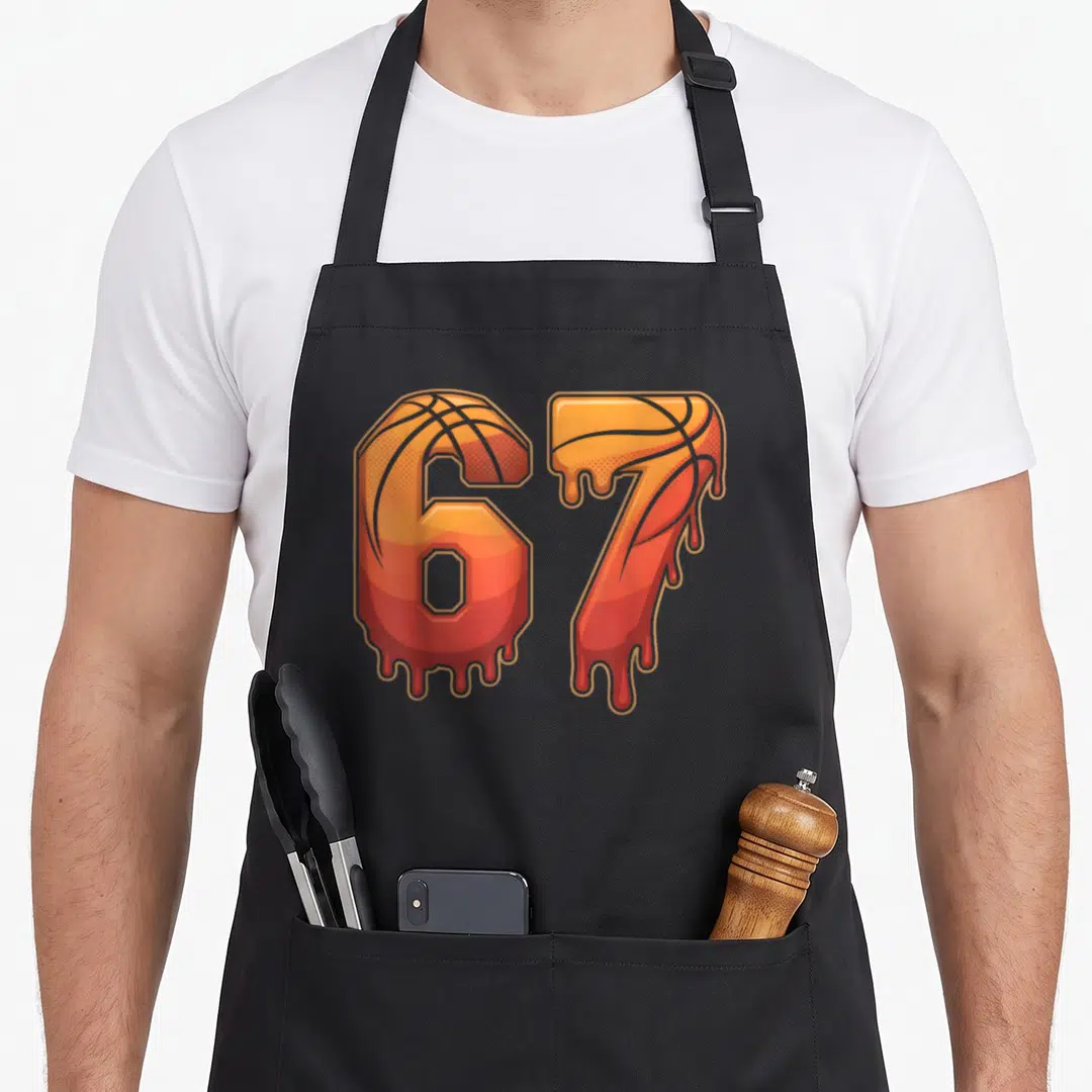 Basketball gen meme apron - Cartoon 67 numbers with basketball texture and orange red yellow dripping liquid design — shown on a black cotton canvas apron against a white background