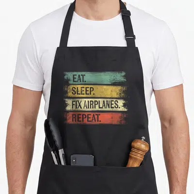 Eat aircraft apron - Four stacked distressed bars in green yellow beige red with grey text reading eat sleep fix — shown on a black cotton canvas apron against a white background