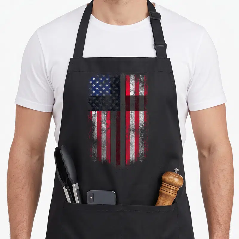 Flag cross christian aprons - Distressed American flag design with a vertical cross in red white blue and grey — shown on a black cotton canvas apron against a white background