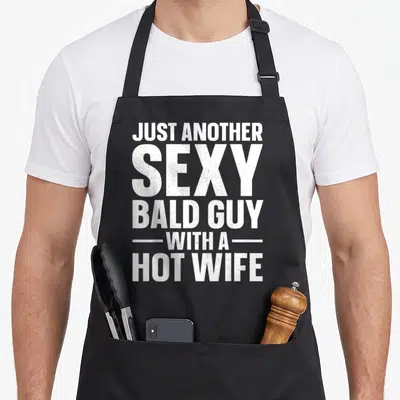 Hairless husband apron - White stacked text reading JUST ANOTHER SEXY BALD GUY WITH A HOT WIFE flanked by horizontal — shown on a black cotton canvas apron against a white background