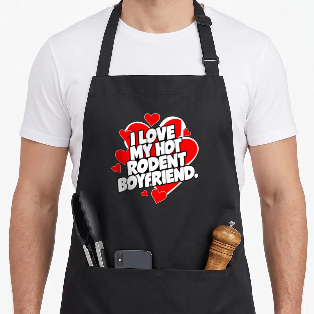 Retro hot i love my mouse apron - I LOVE MY HOT RODENT BOYFRIEND text over red cartoon hearts — shown on a black cotton canvas apron against a white background