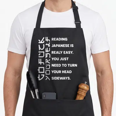 Reading easy apron - White text reading Reading Japanese is really easy next to rotated symbols — shown on a black cotton canvas apron against a white background