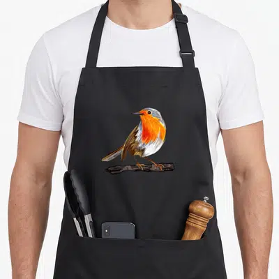 Funny robin bird apron - Realistic bird perched on branch in orange grey and brown plumage — shown on a black cotton canvas apron against a white background