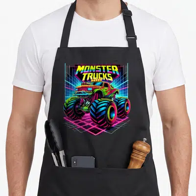 Funny monster truck apron - Neon retro monster truck illustration with stacked text on perspective grid — shown on a black cotton canvas apron against a white background