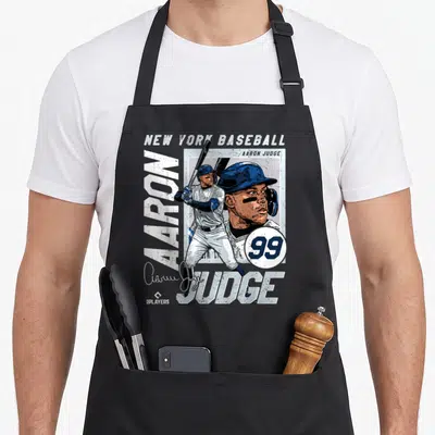 Mlbajud202m new york apron - Aaron Judge batter and profile print with New York Baseball text and signature — shown on a black cotton canvas apron against a white background