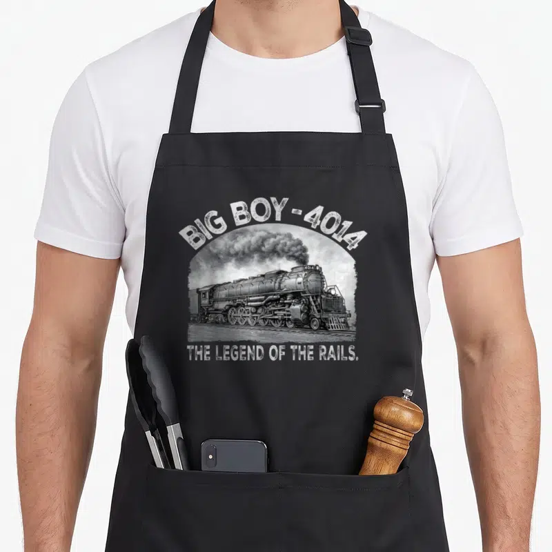 Engine locomotive railroad apron - Distressed grey and white steam locomotive 4014 with arched text reading Big Boy — shown on a black cotton canvas apron against a white background