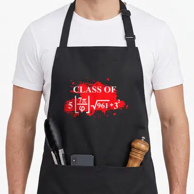 8th geek apron - White math formula text over red paint splatter graphic — shown on a black cotton canvas apron against a white background