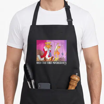 Paycheck robin hood apron - Cartoon lion in red robe holding crown next to snake with mirror under white text — shown on a black cotton canvas apron against a white background