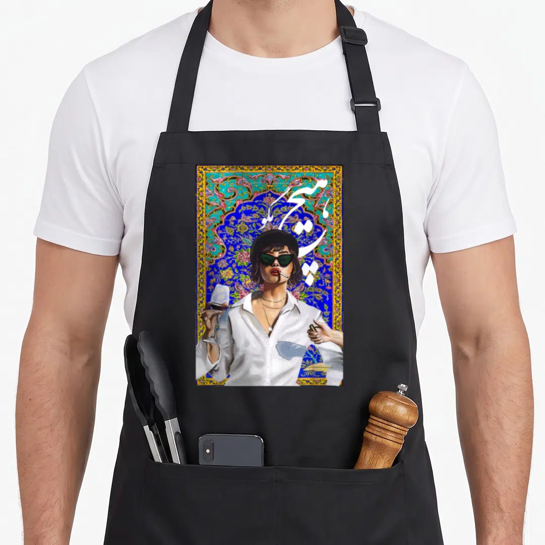Hich persian apron - Woman holding wine and cigarette against blue floral mosaic with white calligraphy — shown on a black cotton canvas apron against a white background