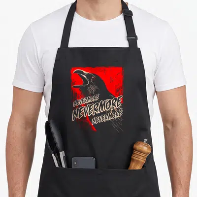 Gasp gothic apron - Raven head with three stacked NEVERMORE texts on distressed red background — shown on a black cotton canvas apron against a white background