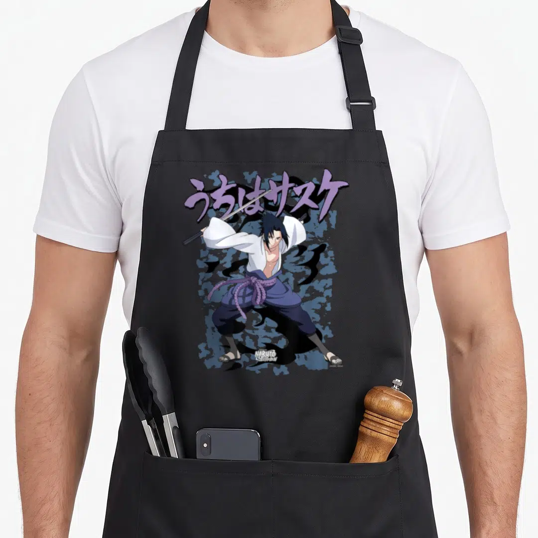 Sasuke general apron - Ninja holding sword behind head under arched purple Japanese text with Naruto Shippuden logo — shown on a black cotton canvas apron against a white background