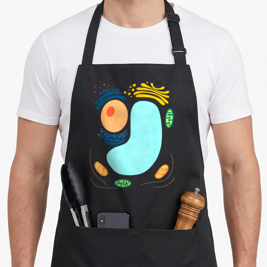 Plant quick apron - Cartoon plant cell with blue vacuole and colorful organelles on black fabric — shown on a black cotton canvas apron against a white background