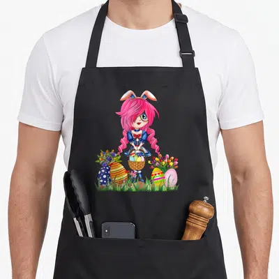 Ear bunny apron - Pink hair anime girl with bunny ears holding egg basket between large decorated eggs and flowers — shown on a black cotton canvas apron against a white background