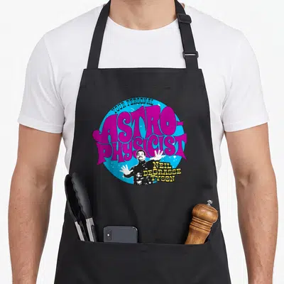Neil personal apron - Magenta astrophysicist text and Neil deGrasse Tyson portrait inside a blue circle — shown on a black cotton canvas apron against a white background