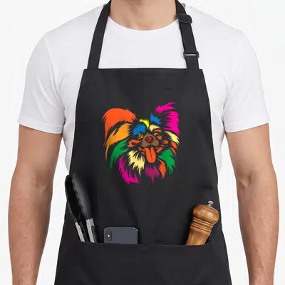Retro papillon dog apron - Colorful cartoon papillon dog head with orange pink blue yellow green and red fur — shown on a black cotton canvas apron against a white background