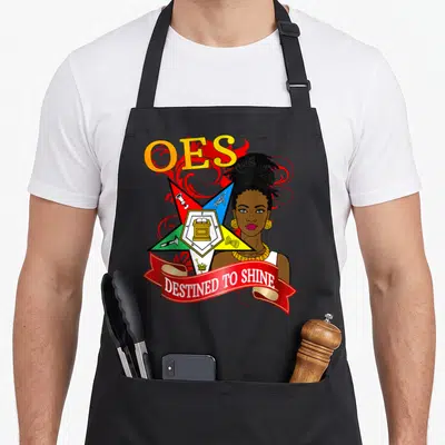 Eastern mason apron - OES DESTINED TO SHINE ribbon, five-pointed star with symbols, woman high bun cartoon — shown on a black cotton canvas apron against a white background