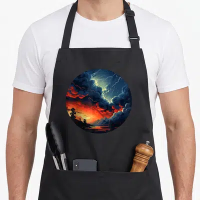 Thunderstorm pretty apron - Circular cartoon storm with dark blue, orange, red, yellow lightning, trees, and water — shown on a black cotton canvas apron against a white background