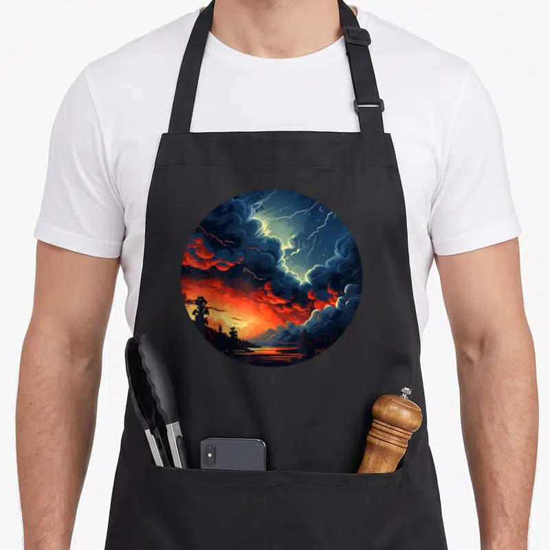 Thunderstorm pretty apron - Circular cartoon storm with dark blue, orange, red, yellow lightning, trees, and water — shown on a black cotton canvas apron against a white background