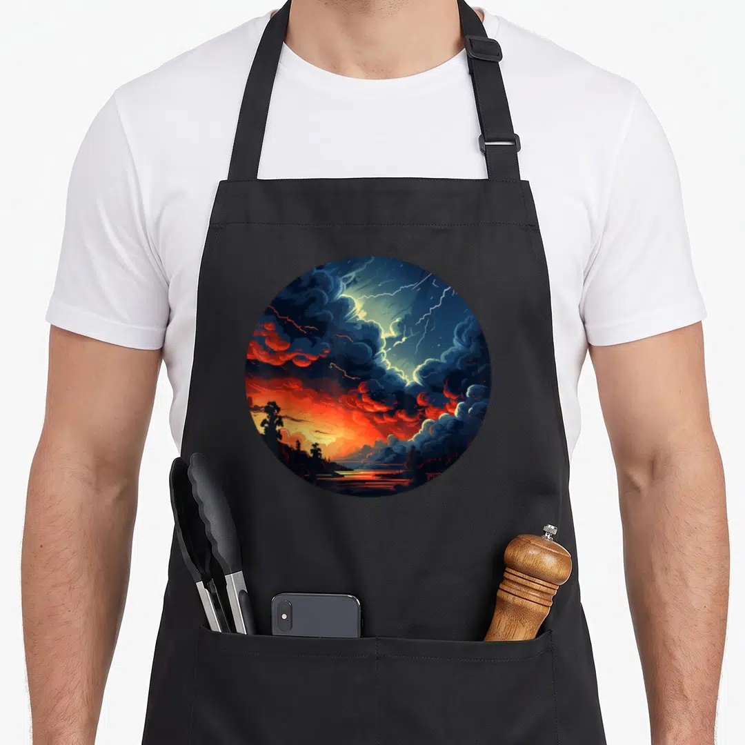 Thunderstorm pretty apron - Circular cartoon storm with dark blue, orange, red, yellow lightning, trees, and water — shown on a black cotton canvas apron against a white background