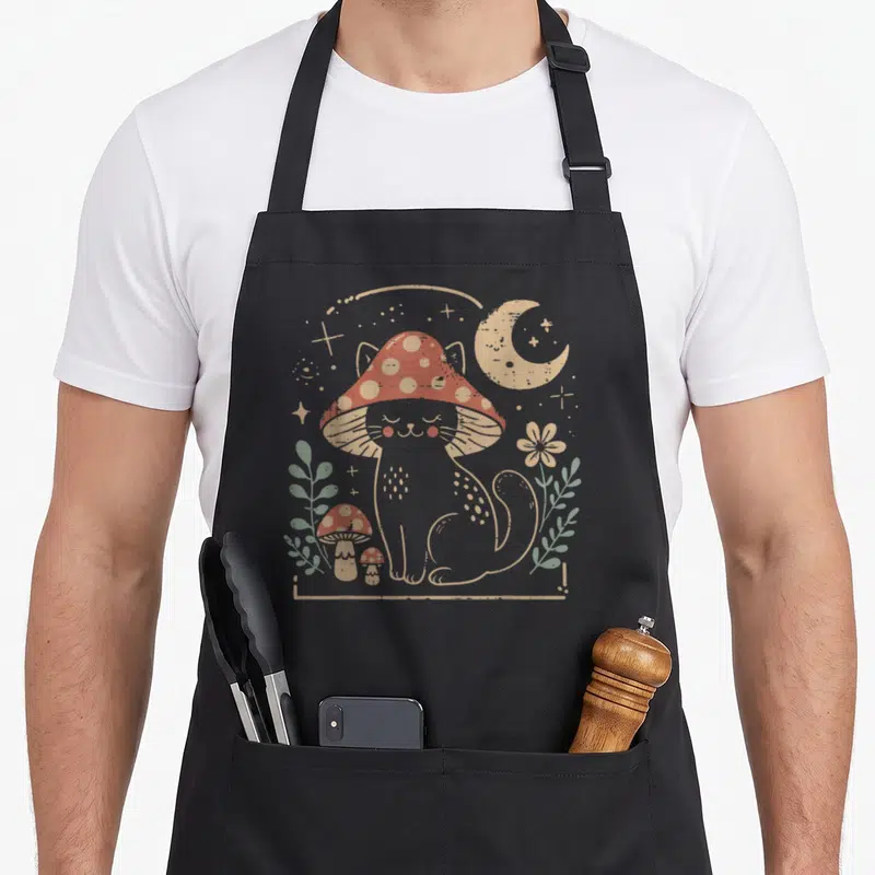 Mushroom kitty cat apron - Grey cartoon cat wearing red polka dot mushroom hat with moon, stars, and green plants — shown on a black cotton canvas apron against a white background