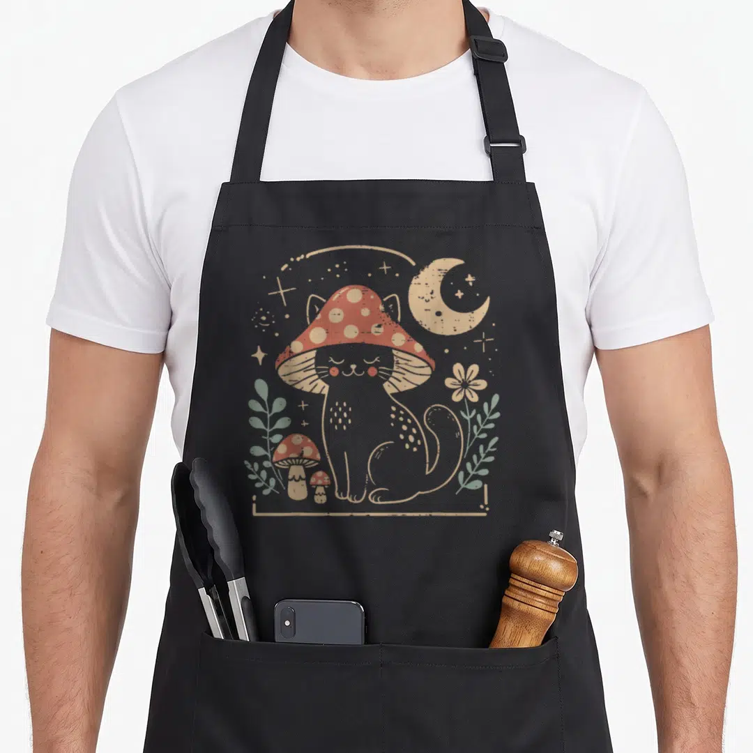 Mushroom kitty cat apron - Grey cartoon cat wearing red polka dot mushroom hat with moon, stars, and green plants — shown on a black cotton canvas apron against a white background