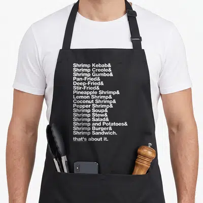 Forrest shrimp lover apron - White text listing sixteen shrimp dishes like creole gumbo and fried ending with that's — shown on a black cotton canvas apron against a white background