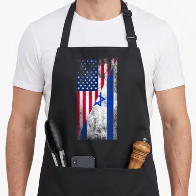 State israeli apron - Distressed merge of USA and Israeli flags in red white and blue — shown on a black cotton canvas apron against a white background