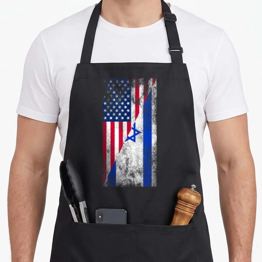 State israeli apron - Distressed merge of USA and Israeli flags in red white and blue — shown on a black cotton canvas apron against a white background
