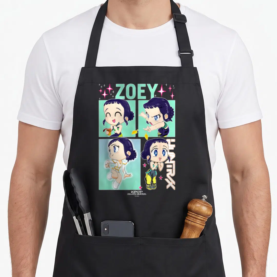 Zoey novelty apron - Four cartoon panels of Zoey in purple and mint with vertical HUNTRX text and Kpop Demon Hunters — shown on a black cotton canvas apron against a white background
