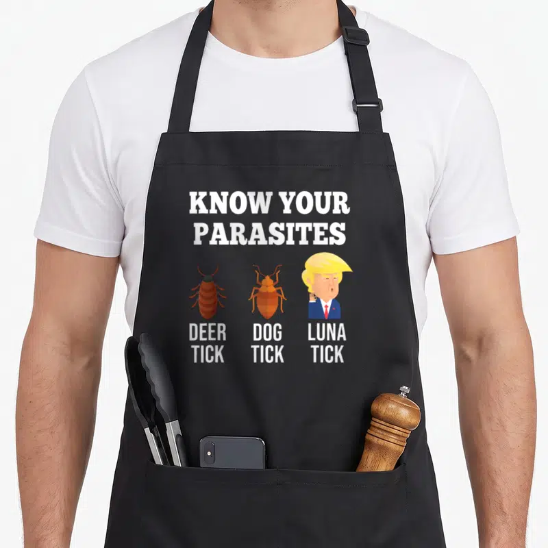 Parasite novelty apron - KNOW YOUR PARASITES text above deer tick, dog tick, and luna tick cartoon figures in brown — shown on a black cotton canvas apron against a white background
