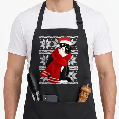 Ugly santa aprons - Black and white cat wearing red hat and scarf on white knitted snowflake pattern — shown on a black cotton canvas apron against a white background