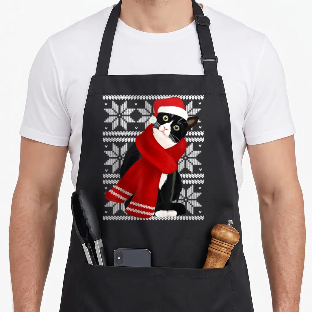 Ugly santa aprons - Black and white cat wearing red hat and scarf on white knitted snowflake pattern — shown on a black cotton canvas apron against a white background