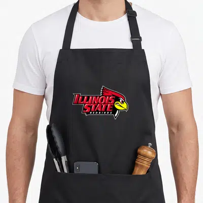 Illinois state university apron - Red cardinal head overlapping ILLINOIS STATE REDBIRDS text in red black and yellow — shown on a black cotton canvas apron against a white background