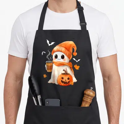Ghost drinking halloween apron - Cartoon ghost in orange beanie holding coffee cup with pumpkin and leaves — shown on a black cotton canvas apron against a white background