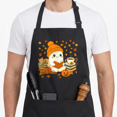 Ghost fall aprons - Cartoon ghost in orange beanie reading book surrounded by autumn leaves, pumpkins, and sleeping cat — shown on a black cotton canvas apron against a white background