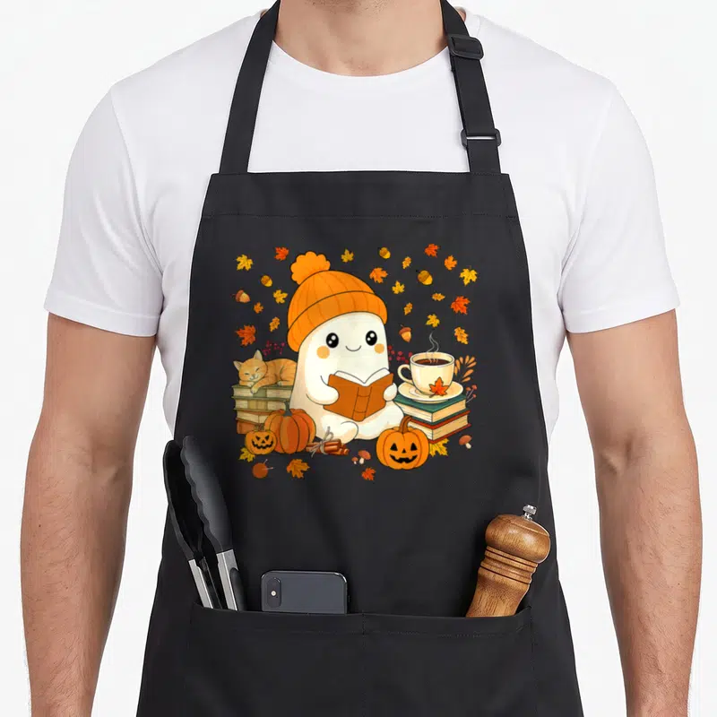 Ghost fall aprons - Cartoon ghost in orange beanie reading book surrounded by autumn leaves, pumpkins, and sleeping cat — shown on a black cotton canvas apron against a white background