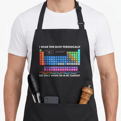 Table chemistry apron - Periodic table chart with white red yellow green blue orange blocks and pun text about elements — shown on a black cotton canvas apron against a white background