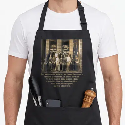 Greenwood tulsa apron - Sepia group photo above gold text listing 600 lost businesses like banks and theaters — shown on a black cotton canvas apron against a white background