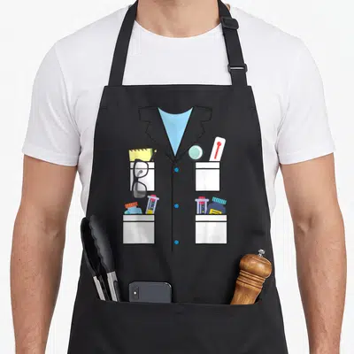 Science halloween apron - Cartoon lab coat with four pockets holding glasses, test tubes, thermometer, and bottles — shown on a black cotton canvas apron against a white background