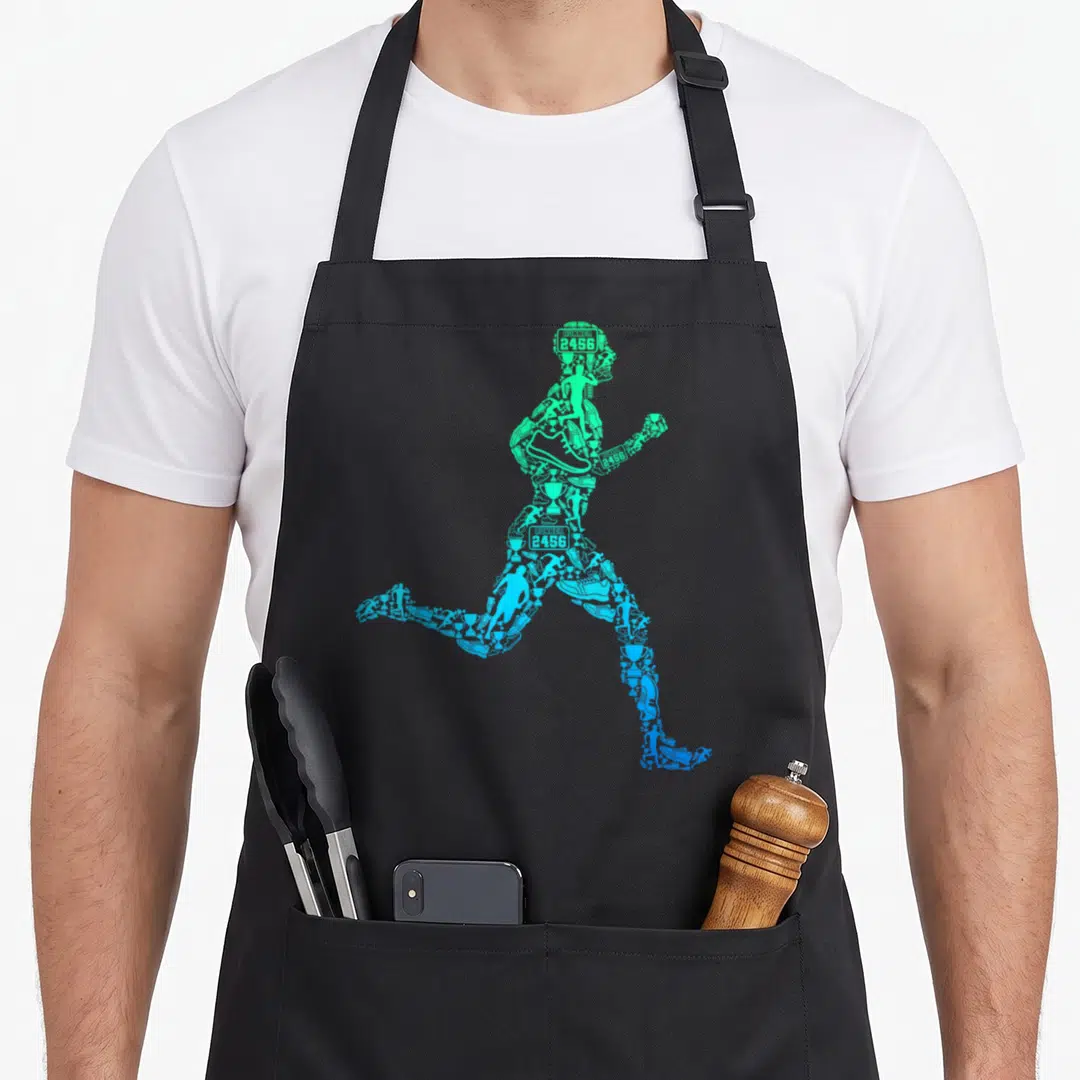 Marathon jogging apron - Green and blue runner silhouette made of trophies and shoes with RUNNER 2456 text — shown on a black cotton canvas apron against a white background