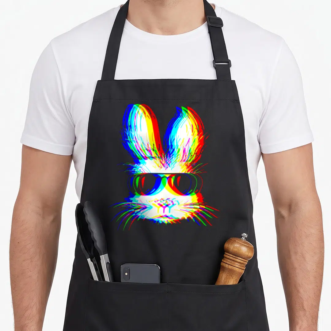 Trippy easter bunny aprons - Glitch art rabbit head with sunglasses in red yellow green blue cartoon style — shown on a black cotton canvas apron against a white background
